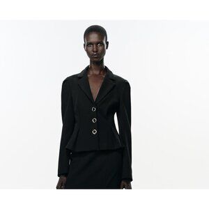 Zara Womens Blazer Size S Black Puff Sleeve Peplum Flared Hem 8948/584 NWOT